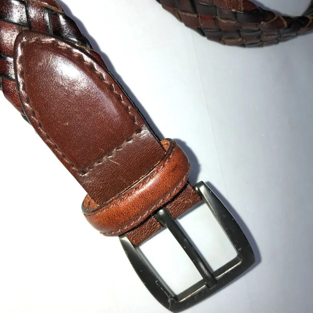 Brown Black 2-tone Leather Belt Weave Pattern Metal Buckle‎ 38/95